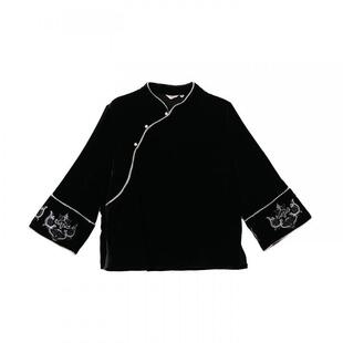 布符新中式「漆黑真丝丝绒珠绣旗袍上衣」2026年春季新品斜襟长袖