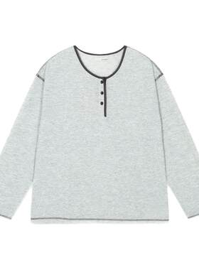 BUCH WEAR T恤女2026夏季新款亨利领条纹包边长袖上衣654279