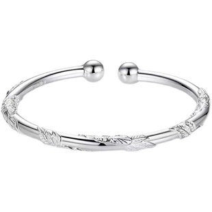 香港正生纯银足银9999开口对珠花丝银手镯女款圆棍浮雕花纹手镯银