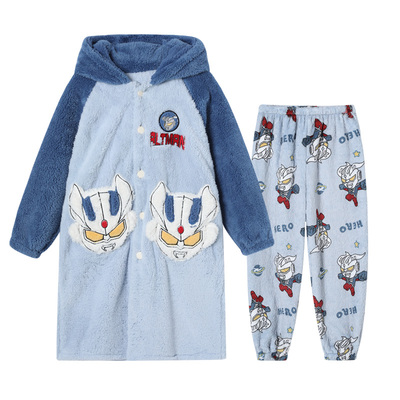法兰绒秋冬季男孩儿童睡袍套装