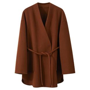 Amii2025冬新款V领落肩袖配腰带羊毛羊绒双面呢女宽松一手长外套