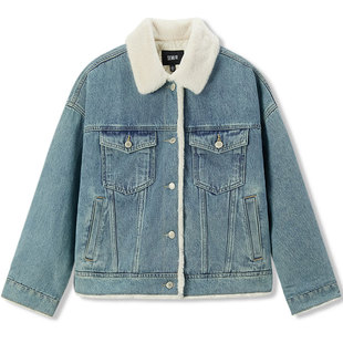 [商场同款]森马牛仔外套女拼接仿兔毛翻领宽松2025新款冬夹棉夹克