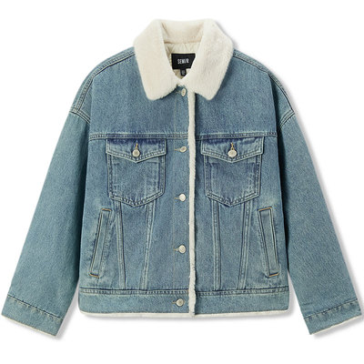 森马拼接仿兔毛夹棉牛仔外套女