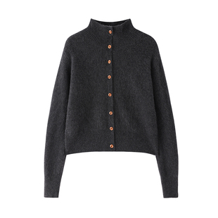 2025新款纯羊毛针织开衫女简约休闲百搭高领毛衣可翻领羊毛衫上衣