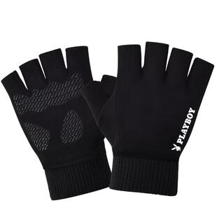 花花公子手套男士秋冬季麂皮绒保暖加绒骑车半截露指防滑半指手套