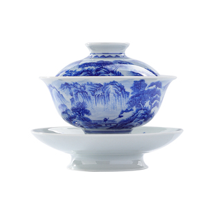 景德镇官方陶瓷青花瓷釉下手绘三才盖碗功夫茶具泡茶碗送礼礼盒装