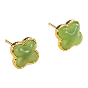 若在江南｜国风耳饰天然和田玉四叶草耳钉纯银绿色碧玉妇女节礼物