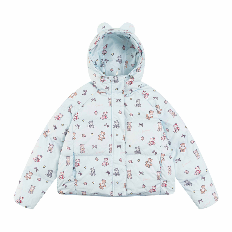 Amoeba可爱甜酷原创满印小熊连帽短款棉服女冬季保暖加厚棉袄外套