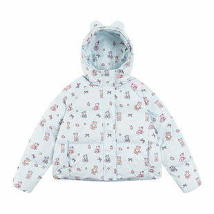 Amoeba可爱甜酷原创满印小熊连帽短款棉服女冬季保暖加厚棉袄外套