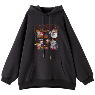 女大童卡通刺绣连帽卫衣2025冬季新款初中生加绒休闲帽衫保暖上衣