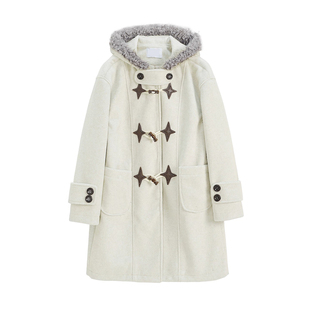 特大码胖mm韩系简约慵懒风呢子大衣女小个子氛围感牛角扣连帽外套