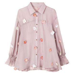 KEIKO[立体花朵] 淡紫色薄纱长袖衬衫26春夏独特漂亮防晒开衫罩衫