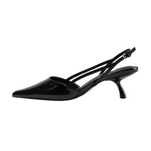 佐一法式小猫跟后空单鞋2025新款女尖头黑色高跟鞋小众通勤高跟鞋