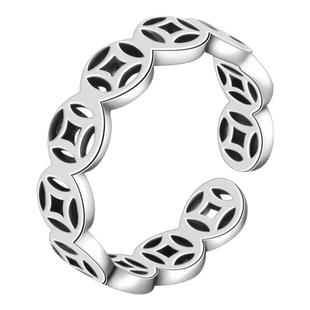 S925纯银招财转运如意铜钱戒指复古百搭简约素款食指环女款可调节