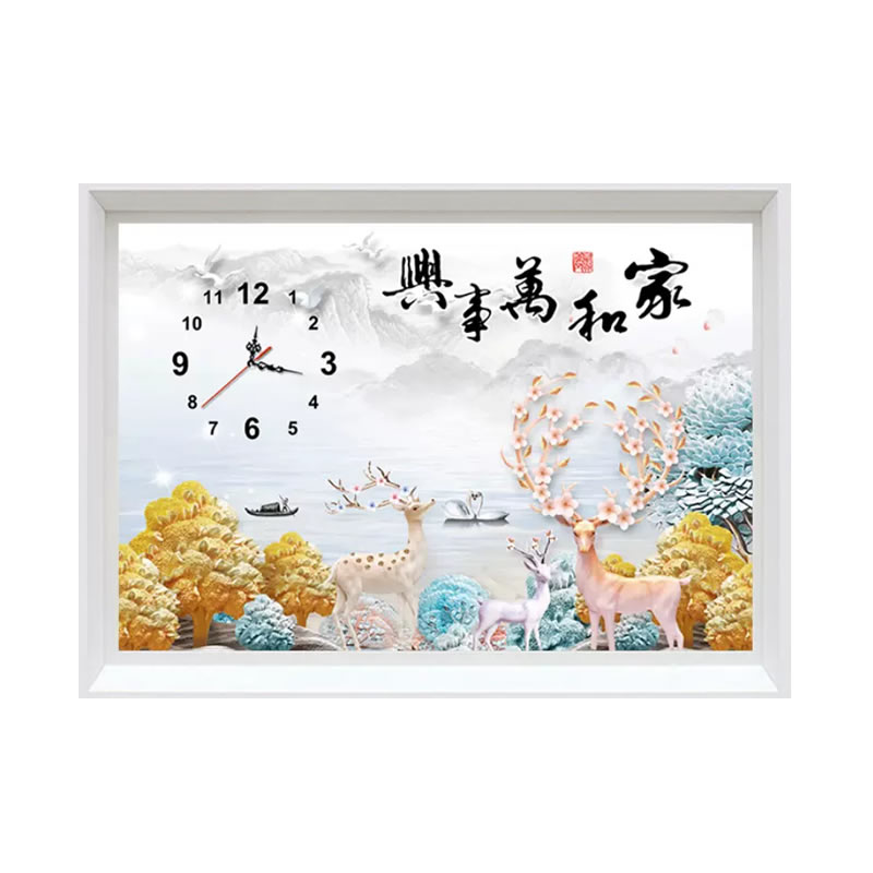 发财鹿客厅钻石画钟表山水画时钟