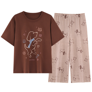 帕兰朵带胸垫睡衣女夏季100%纯棉薄款短袖七分裤可外穿家居服套装
