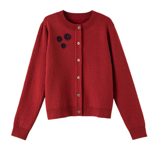 晚白【暖呼呼冬日开衫毛衣】时尚中国红加绒保暖舒适针织衫女