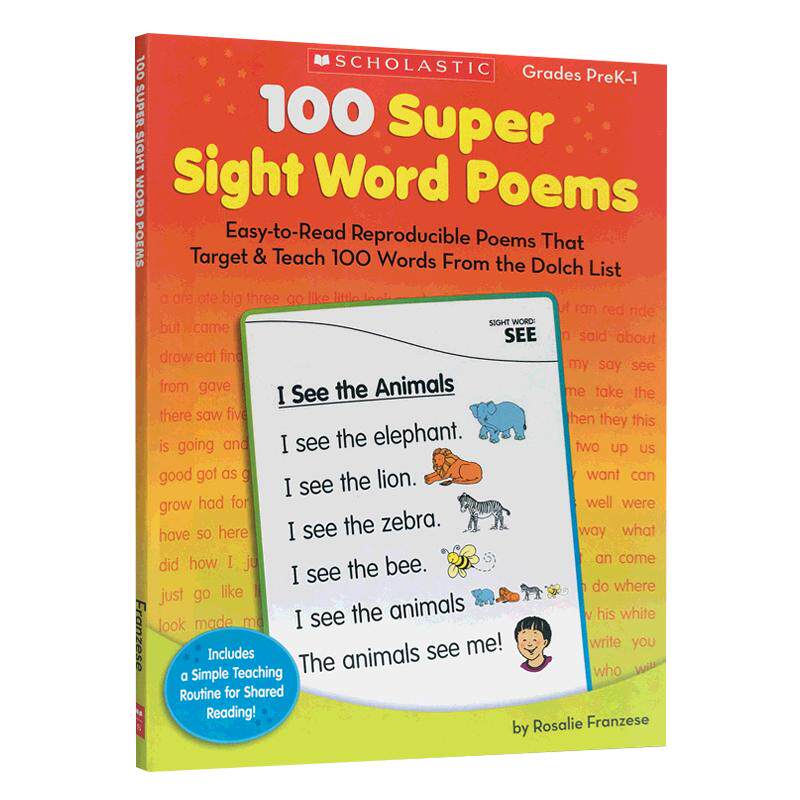 进口英文原版正版100Super Sight Word Poems学乐查关键词诗歌等PreK-1儿童练习册教材Scholastic学前班小学课外读物辅助英语