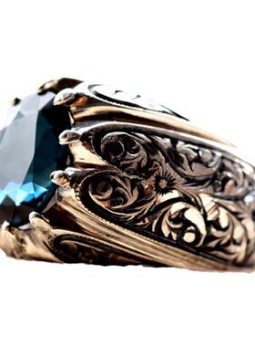 蓝色托帕石宝石镶嵌雕刻戒指纯银