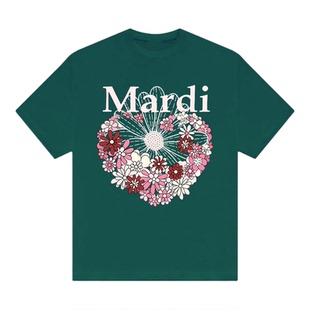idcerem Mardi小雏菊短袖t恤女夏季墨绿色菊花丛圆领纯棉宽松半袖