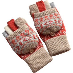 秋冬季新款半指翻盖露指羊绒针织可爱毛时尚保暖女士羊毛手套冬天