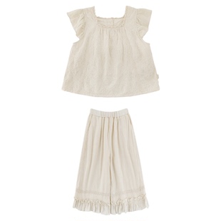 幼悠女童夏季新款纯棉小飞袖娃娃衫八分半宽松花边阔腿裤儿童套装