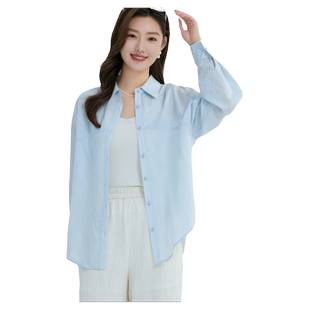 highday轩日2024夏季新款宽松微透衬衫女商场浅蓝落肩长袖衬衣ins