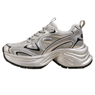 银色加绒厚底老爹鞋增高女鞋2026春季新款榴莲底网面拼接运动鞋潮