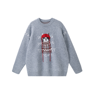 PCMY小红帽猫咪宽松复古情侣毛衣2025冬季高级感圆领针织内搭上衣