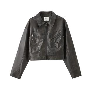 三福短款外套2025新款冬季街潮铆钉韩系夹克翻领厚皮衣女装490829