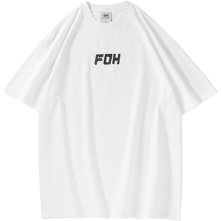 FOH 32支230g双纱字母圆领短袖T恤男夏季潮牌情侣宽松半袖体恤女