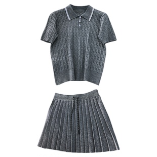 momo大姐姐学院风polo领短袖针织衫女百褶短裙两件套2025早秋新款
