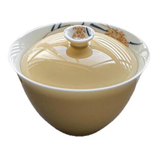 轻奢杏黄手绘麦穗盖碗文人茶器单个功夫茶具不烫手泡茶碗