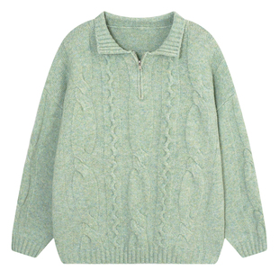 YUZI复古绞花毛衣Polo领浅绿色文艺清新宽松慵懒厚款秋冬大码女装