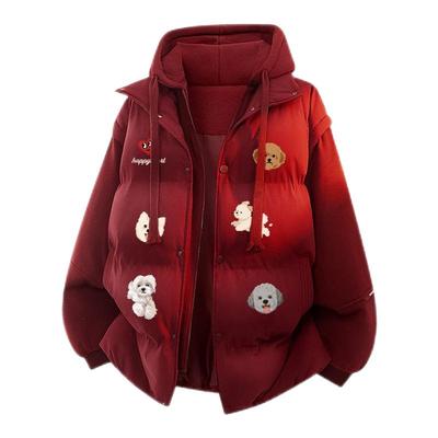 查尔斯桃心小狗印花假两件棉服男女冬季新款潮牌连帽情侣棉袄外套