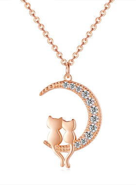 月亮上的猫项链纯银小众轻奢时尚