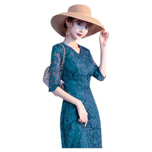 蓝色蕾丝晚礼服女气质宴会高端婚礼妈妈婚宴装连衣裙平时可穿长袖