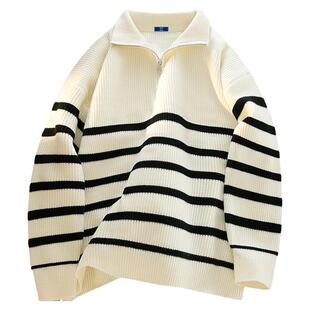 捷尼拉莫GENIOLAMODE针织衫男冬季polo领慵懒风条纹半拉链毛衣男