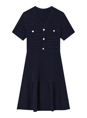 Goodland美地优雅小香风v领短袖针织连衣裙女夏季a字LC34206497