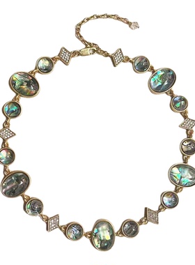 欧美宫廷中古vintage复古气质做旧椭圆鲍鱼贝闪钻项链手链耳环女