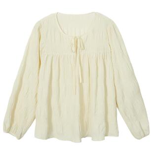 热风夏季新款女士法式圆领皱褶衬衫宽松都市气质上衣打底衫