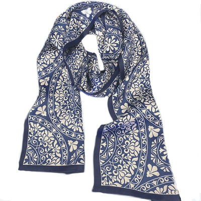 真丝丝巾小长条蓝色桑蚕丝