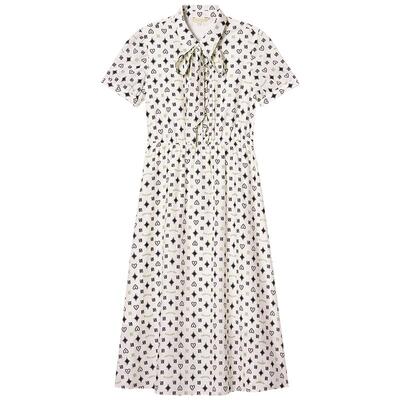 诗篇专选趣味感几何印花丝绵混纺可拆卸飘带连衣裙2025夏季新款