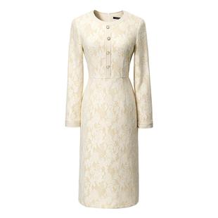 颜域高级感小香风连衣裙女2025新款冬中长款显瘦长袖圆领蕾丝裙子