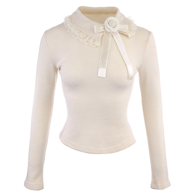 古早奈奈蕾丝半翻领毛针织打底衫