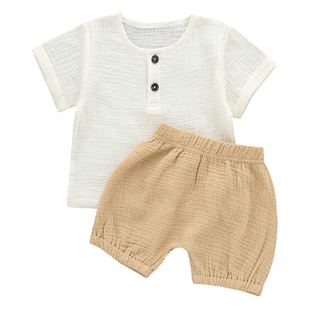 婴儿夏季款纱布分体套装男孩女宝宝夏天衣服100码短袖短裤遮阳帽