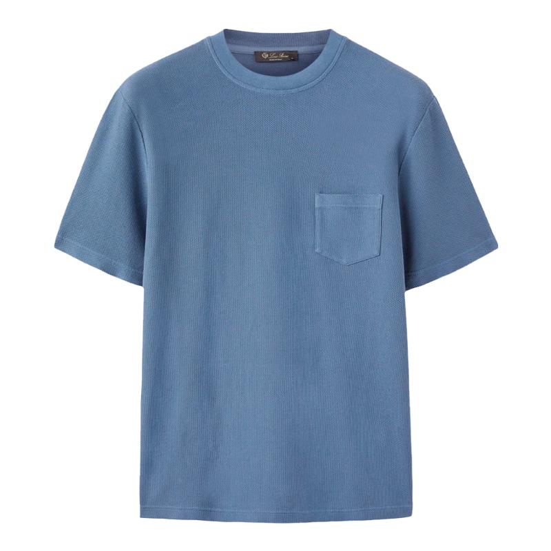 Loro Piana/诺悠翩雅男装棉质珠地面料蜂窝织纹蓝色短袖T恤