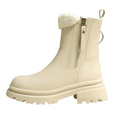 2024冬季新款真皮厚底侧拉链雪地靴女加绒保暖马丁靴羊羔毛短靴