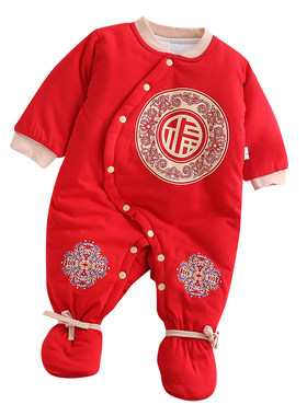 红色婴儿连体睡衣喜庆夹棉衣服满月百天新生宝宝加厚包脚棉服冬装