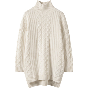 半高领羊绒衫女100纯山羊绒加厚新品宽松慵懒风中长款毛衣女秋冬